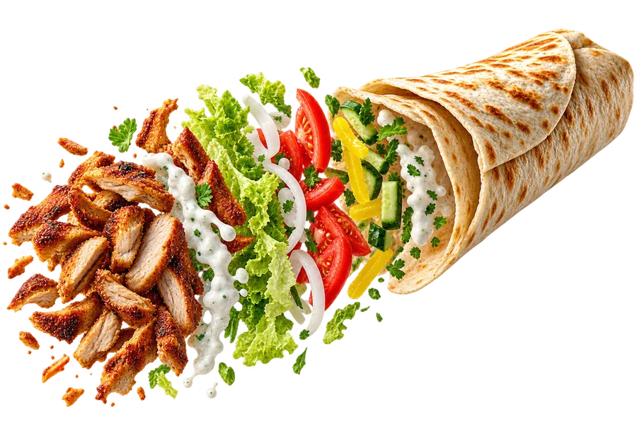 Dürum recién hecho, relleno de carne, lechuga, tomate, cebolla, pepino y salsas